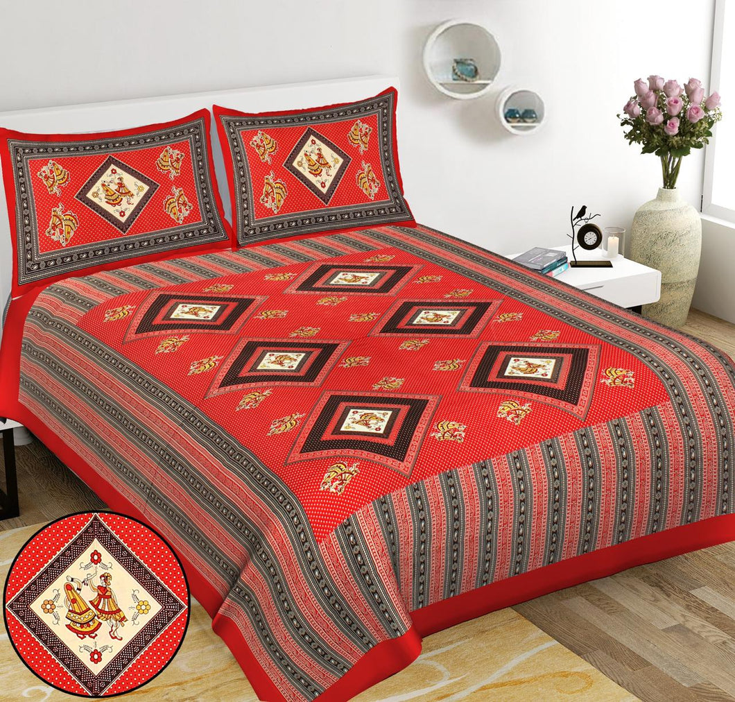 Rajathani Red Cotton Patch Work Dandiya  Double Size Bedsheet