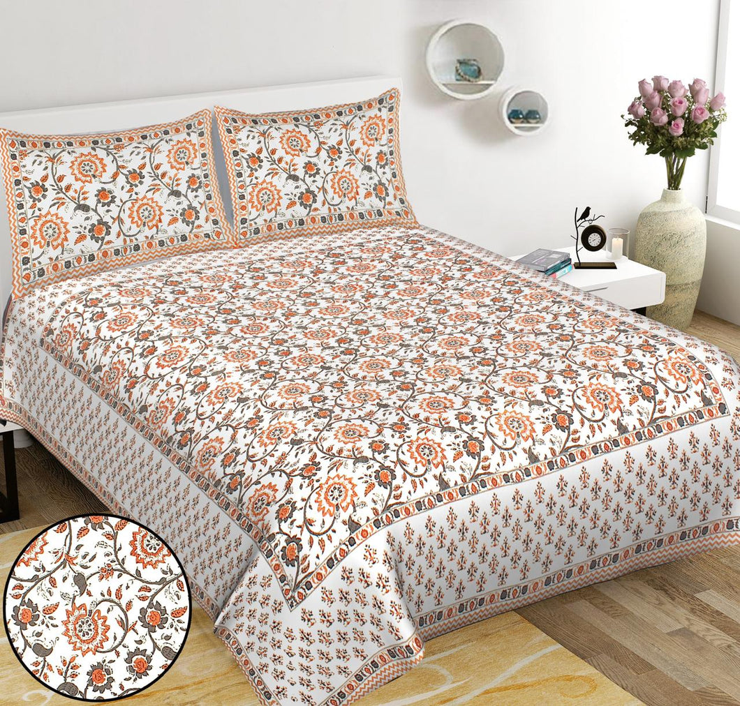 ORANGE FLORAL PRINTED COTTON BEDSHEET