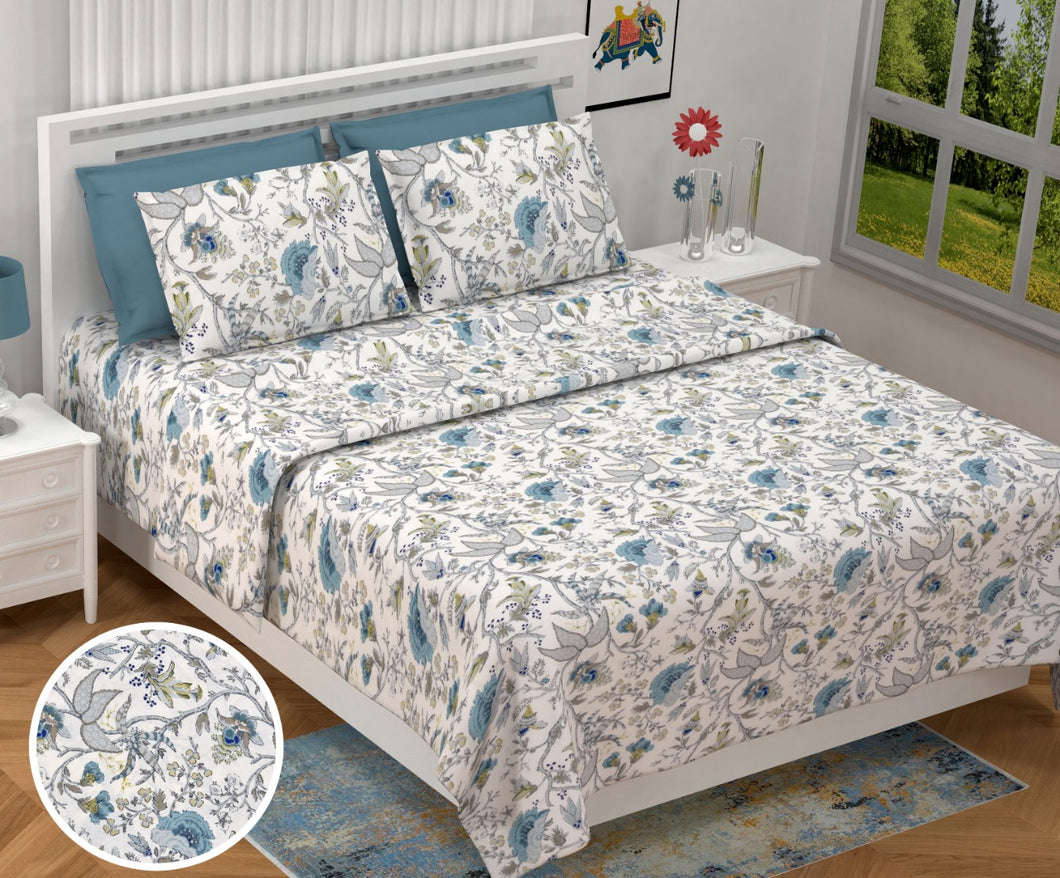 Sky Blue Floral Printed Cotton Bedsheet