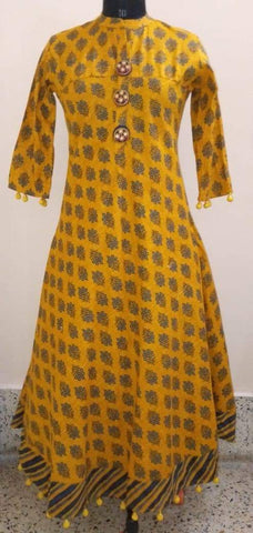 Printed Yellow Anarkali with Pom-Pom Hangings