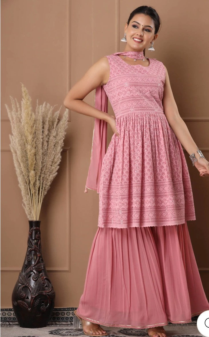 Pink Georgette Sharara Set with Chikankari Work