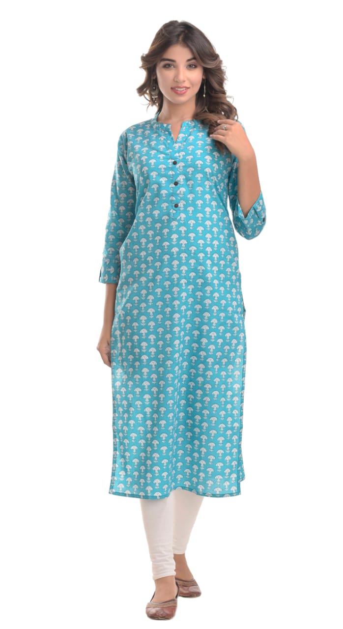 Sky Blue Cotton Straight Long Kurti