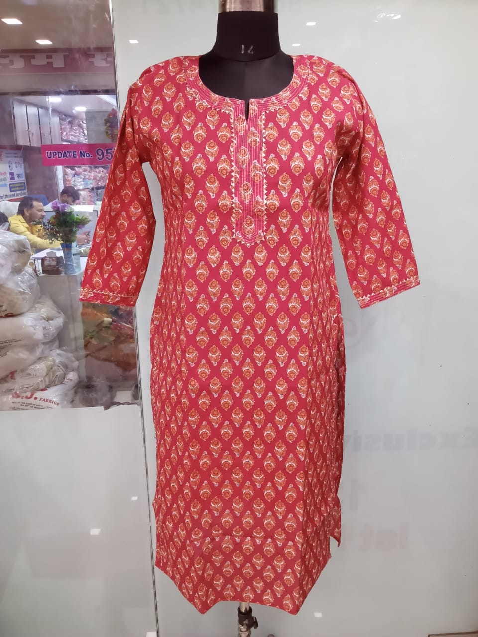 Red Printed Straight Kurtis Cambric Cotton