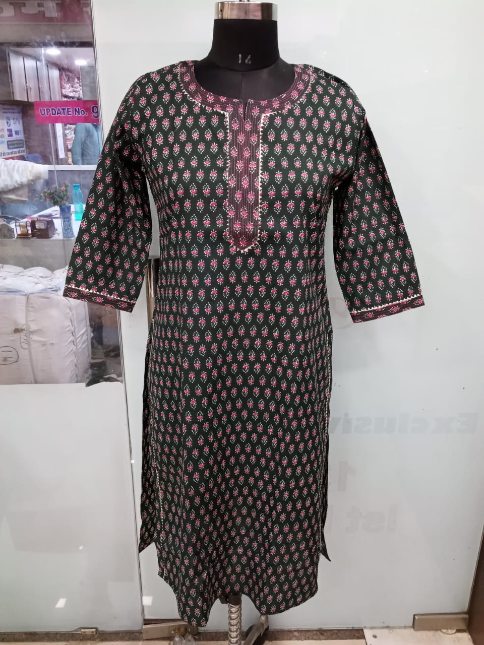 Dark Green  Straight Kurti Cambric Cotton