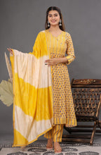 Load image into Gallery viewer, Yellow Anarkali Full Set with Thread Work and Leheriya Dupatta
