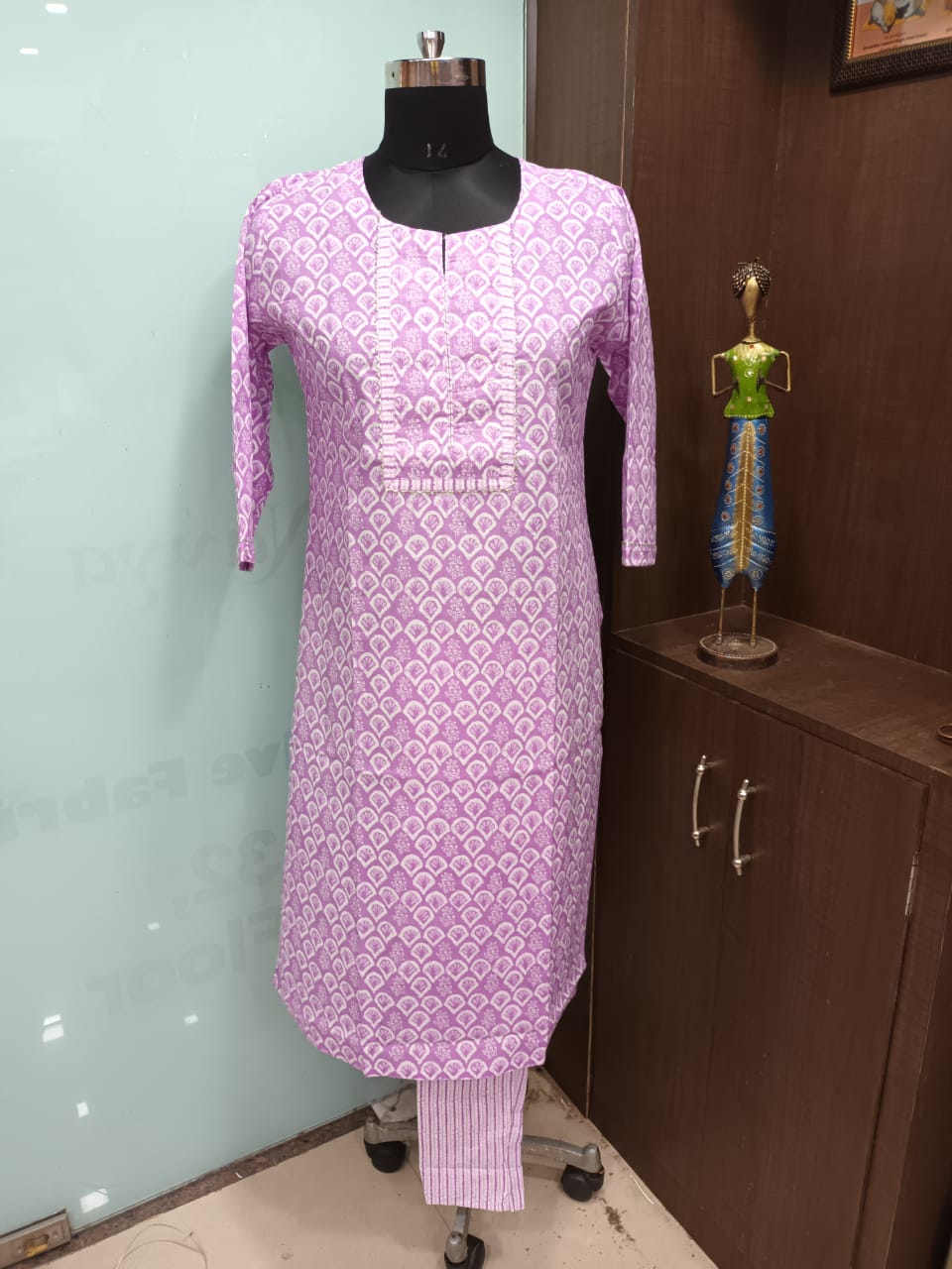 Lilac Cotton Printed Kurti Pant Set