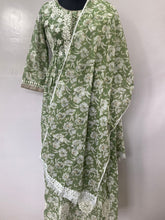 Load image into Gallery viewer, Green Cotton Printed Dupatta Set with Lucknowi Work
