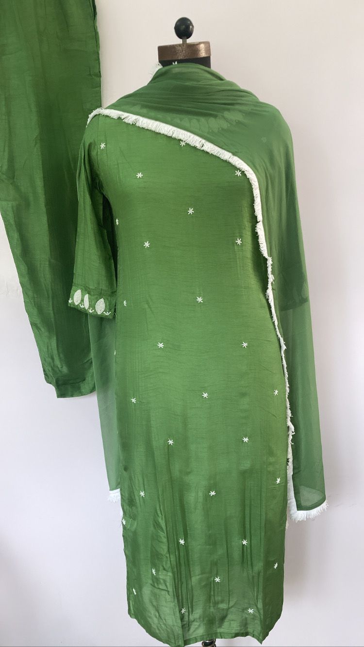 Green Dola Silk Kurti Full Set with Soft Aurganza Dupatta and Pearl Work