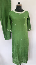 Load image into Gallery viewer, Green Dola Silk Kurti Full Set with Soft Aurganza Dupatta and Pearl Work
