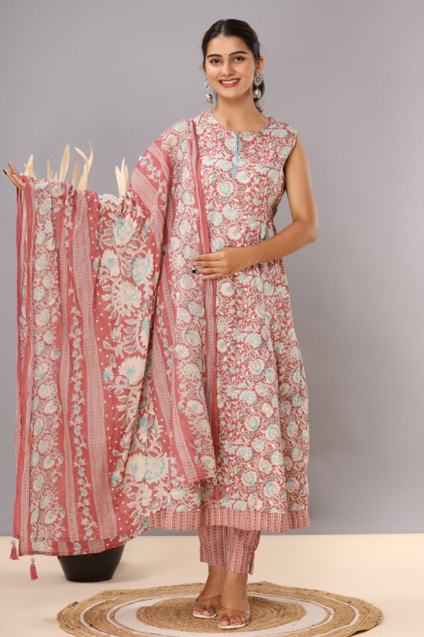 Multi Color Cotton Printed Anarkali With Pant And Dupatta