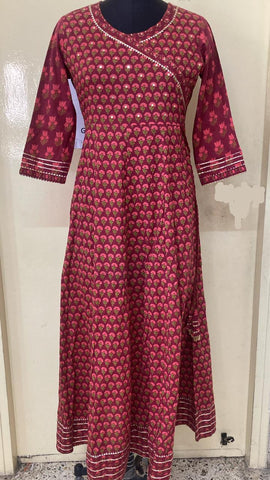 Maroon Angrakha Style Cotton Gown