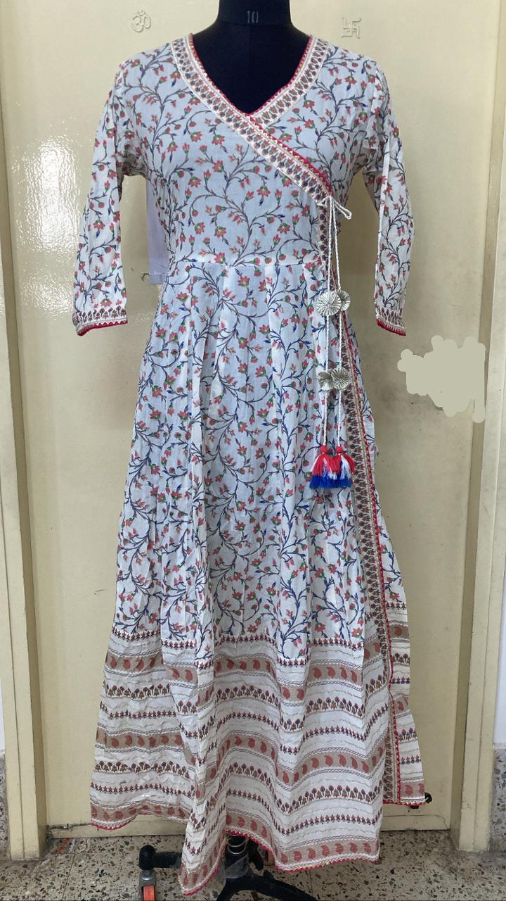 Multicolor Angrakhaa Style White Cotton Kurti